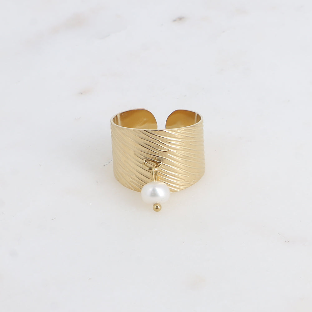 BAGUE LARGE - ANNEAU ZEBRE ET PERLE D'EAU DOUCE