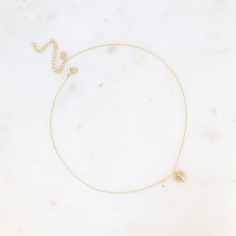 COLLIER - COEUR MILGRAIN ET PERLE D'EAU DOUCE / DORE OU ARGENT