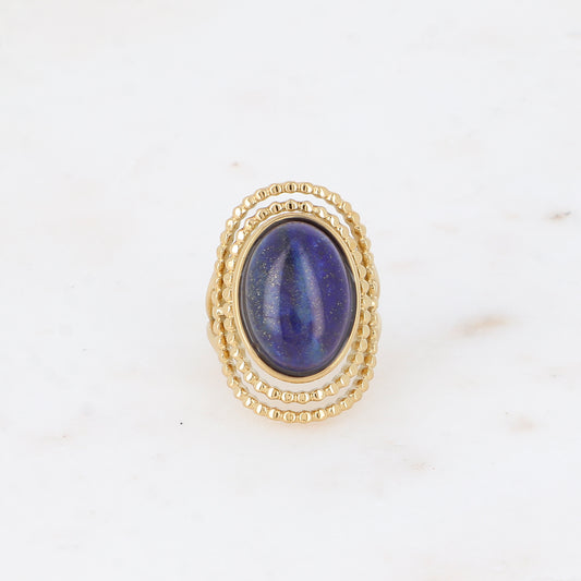 BAGUE - 2 GRANDS CERCLES OVALES MILGRAIN ET PIERRE NATURELLE / 2 COULEURS
