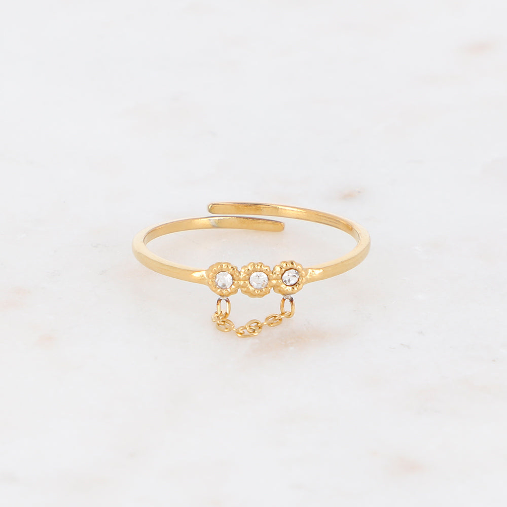 BAGUE MYLA - 3 CRISTAUX ET CHAINE / DORE OU ARGENT
