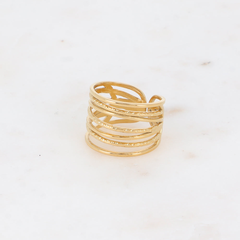 BAGUE LARGE - 7 ANNEAUX ENTRELACES / DORE OU ARGENT