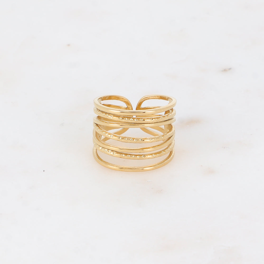 BAGUE LARGE - 7 ANNEAUX ENTRELACES / DORE OU ARGENT