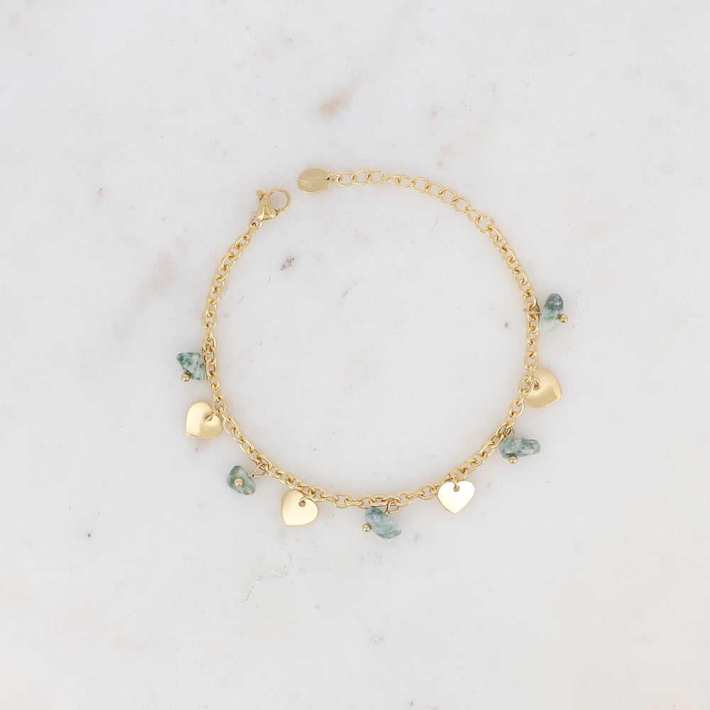 BRACELET - PAMPILLES COEURS LISSES ET PIERRES NATURELLES / DIFFERENTES COULEURS