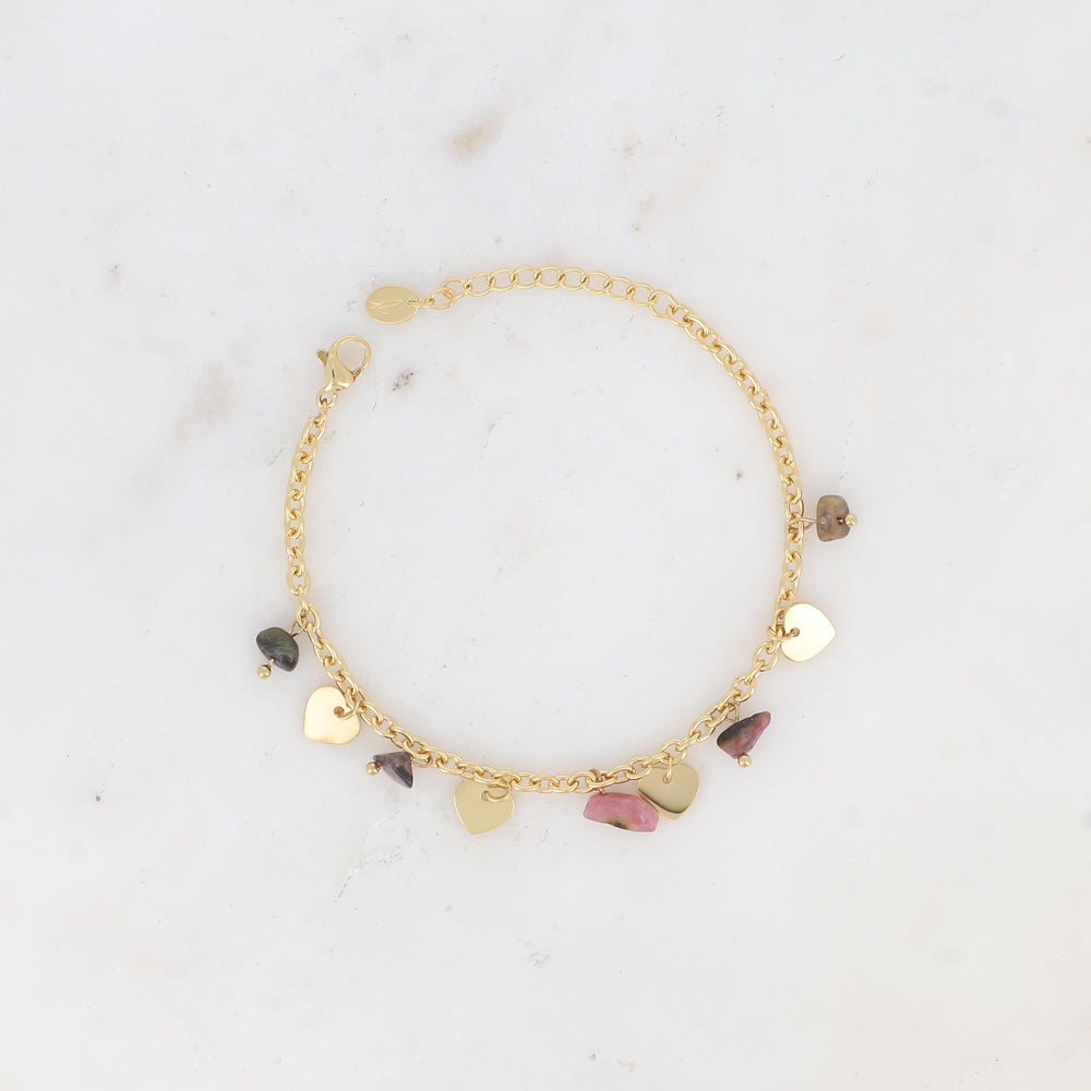 BRACELET - PAMPILLES COEURS LISSES ET PIERRES NATURELLES / DIFFERENTES COULEURS