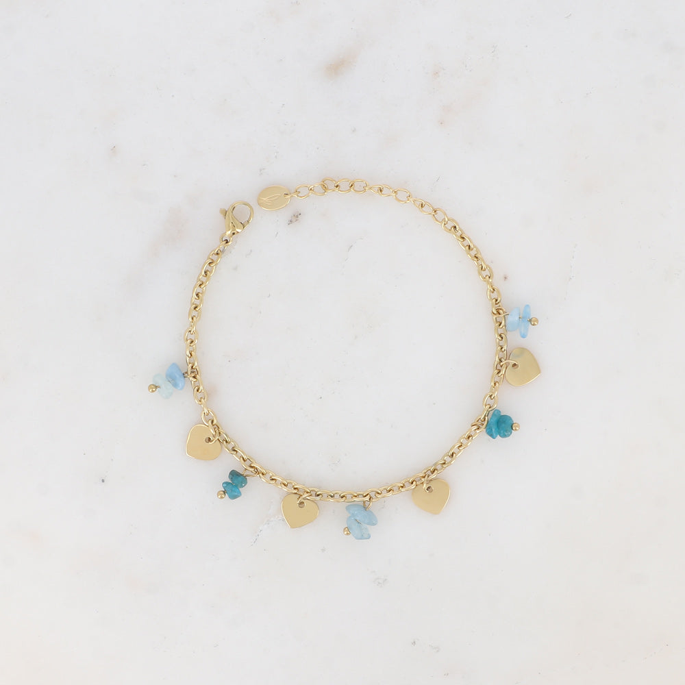 BRACELET - PAMPILLES COEURS LISSES ET PIERRES NATURELLES / DIFFERENTES COULEURS