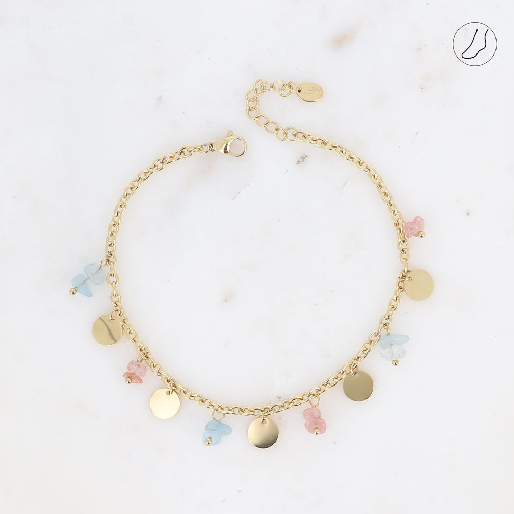 BRACELET DE CHEVILLE - PAMPILLES RONDES LISSES ET PIERRE NATURELLES