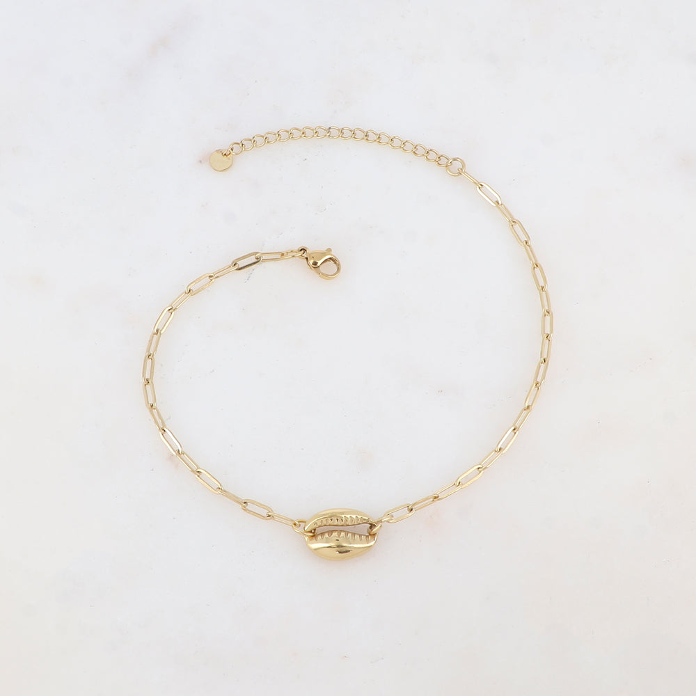 BRACELET DE CHEVILLE EN MAILLE AVEC CAURI / DORE OU ARGENT