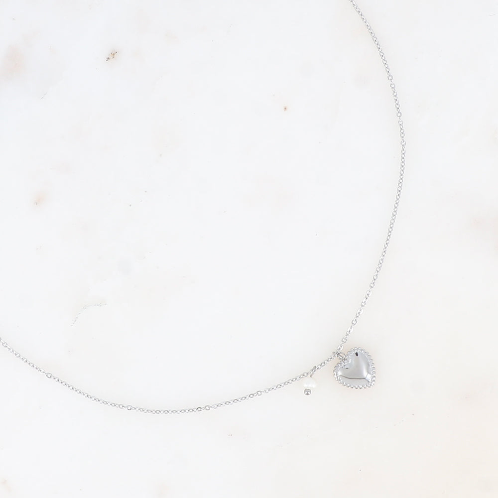 COLLIER - COEUR MILGRAIN ET PERLE D'EAU DOUCE / DORE OU ARGENT