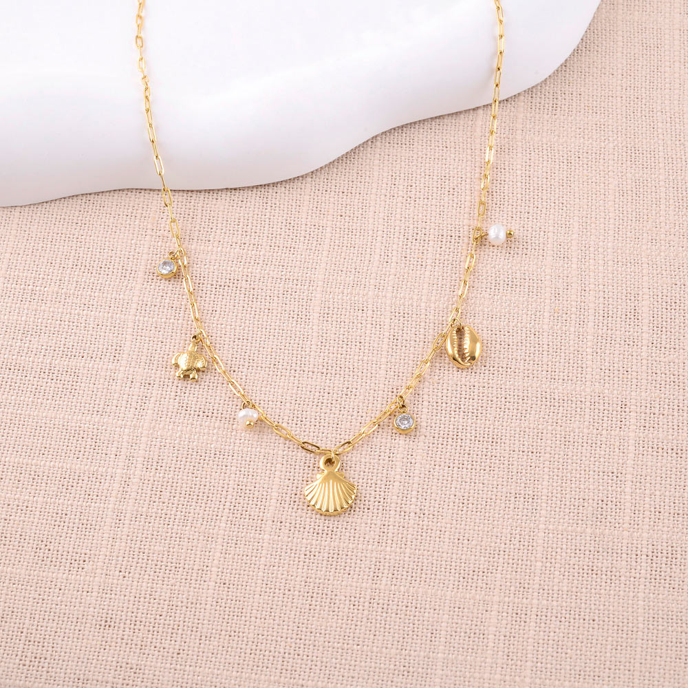 COLLIER - COQUILLAGE, TORTUE, PERLES D'EAU DOUCE ET CRISTAL