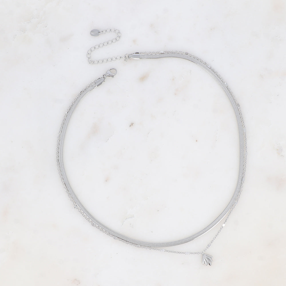COLLIER 2 RANGS- MAILLE MIROIR ET PETIT PENDENTIF FEUILLAGE