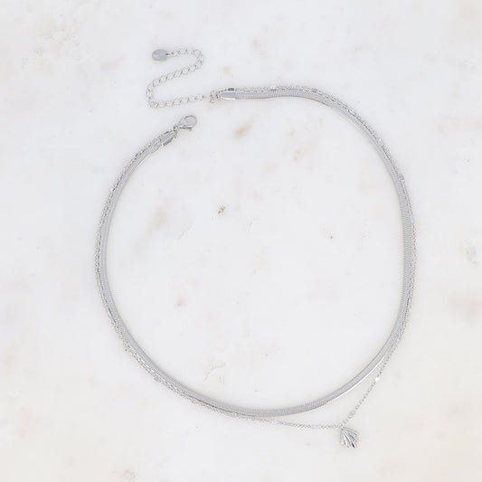 COLLIER 2 RANGS- MAILLE MIROIR ET PETIT PENDENTIF FEUILLAGE