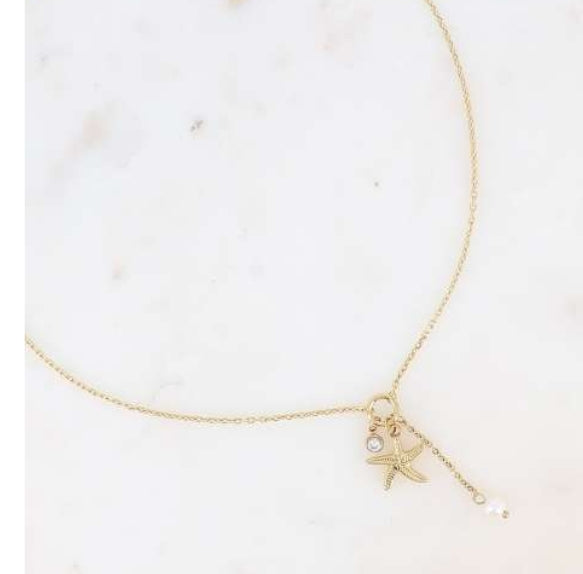 COLLIER Y - ETOILE DE MER, CRISTAL TAILLE, PERLE D'EAU DOUCE