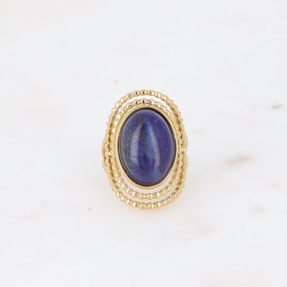 BAGUE - 2 GRANDS CERCLES OVALES MILGRAIN ET PIERRE NATURELLE / 2 COULEURS