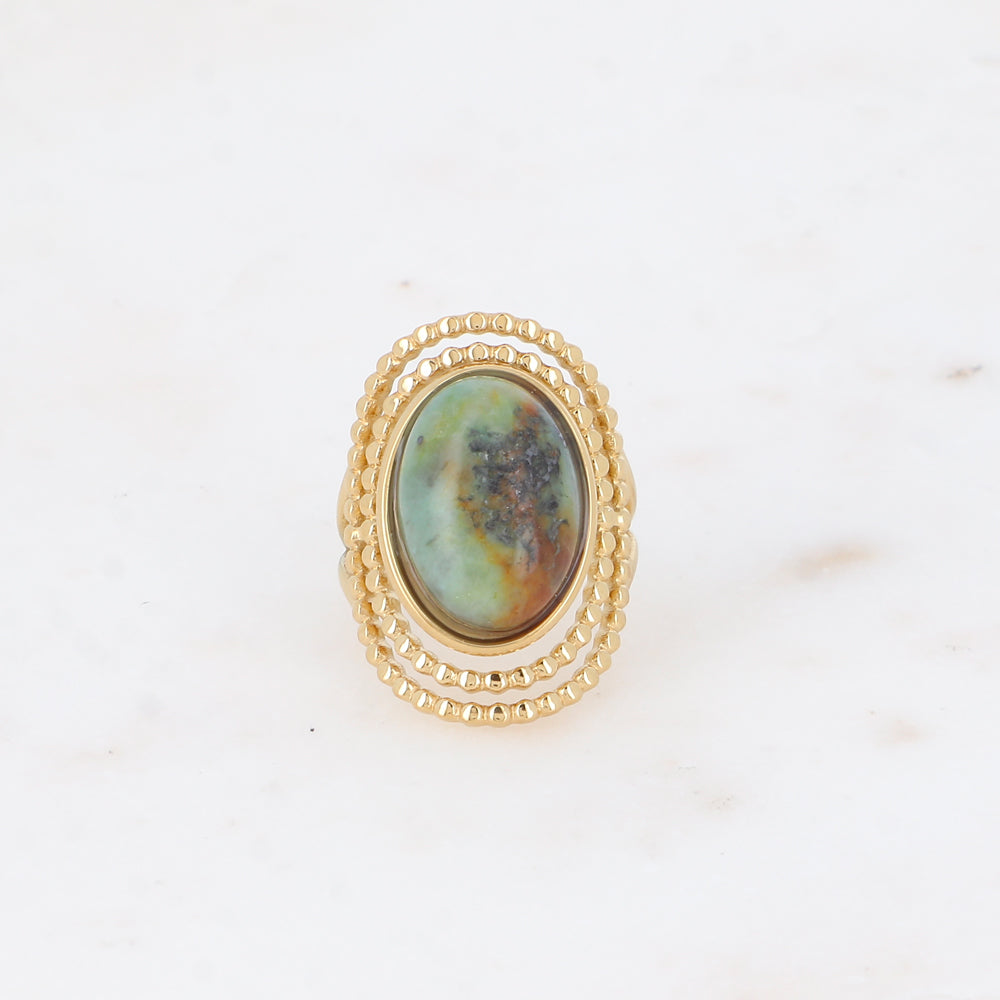 BAGUE - 2 GRANDS CERCLES OVALES MILGRAIN ET PIERRE NATURELLE / 2 COULEURS