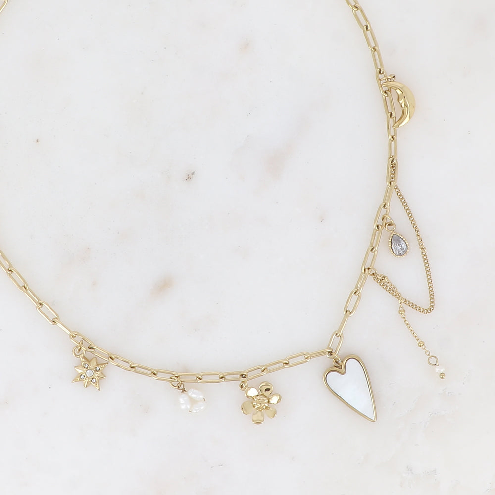 COLLIER - MAILLE AUX ANNEAUX OVALES AVEC BRELOQUES