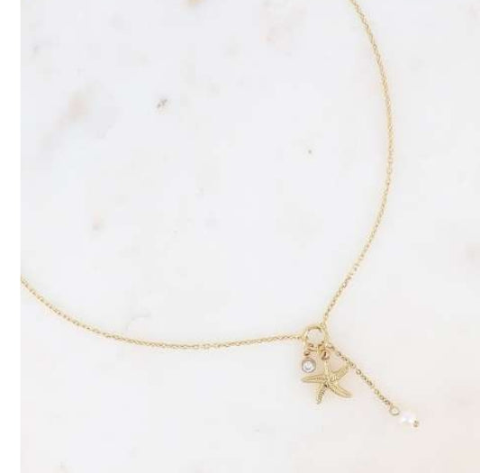 COLLIER Y - ETOILE DE MER, CRISTAL TAILLE, PERLE D'EAU DOUCE